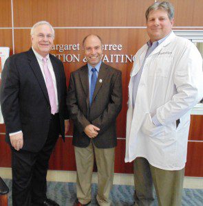 Graham Lee, vice president for philanthropy, UM Memorial Hospital Foundation, is shown with Everyday Hero honorees Salvatore Verteramo, MD, emergency department physician, and Frank Ciocci, MD, medical director, Emergency Services, UM Shore Medical Center at Easton.
